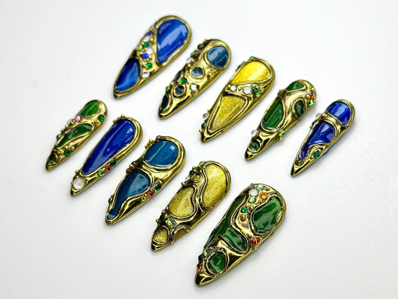 Luxury Gemstone Press On Nails | Blue. Green & Amber Enamel Stones Detail | Jewel-Encrusted Nail Set | Gold Jewel Nail Art | OB790HC