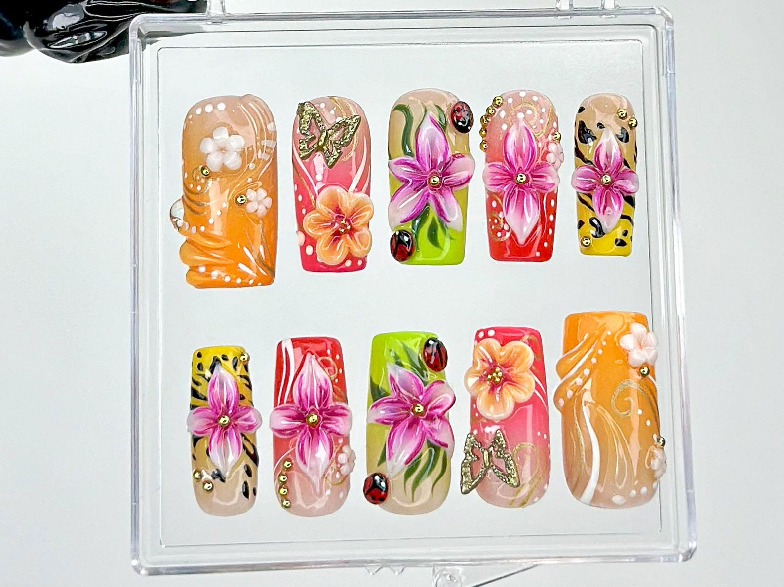 Tropical Bloom Press On Nails | Bright Summer Nail Art | Tropical Vibes Press Ons | Handmade Summer Fake nails | Luxury Nails | OB960YC