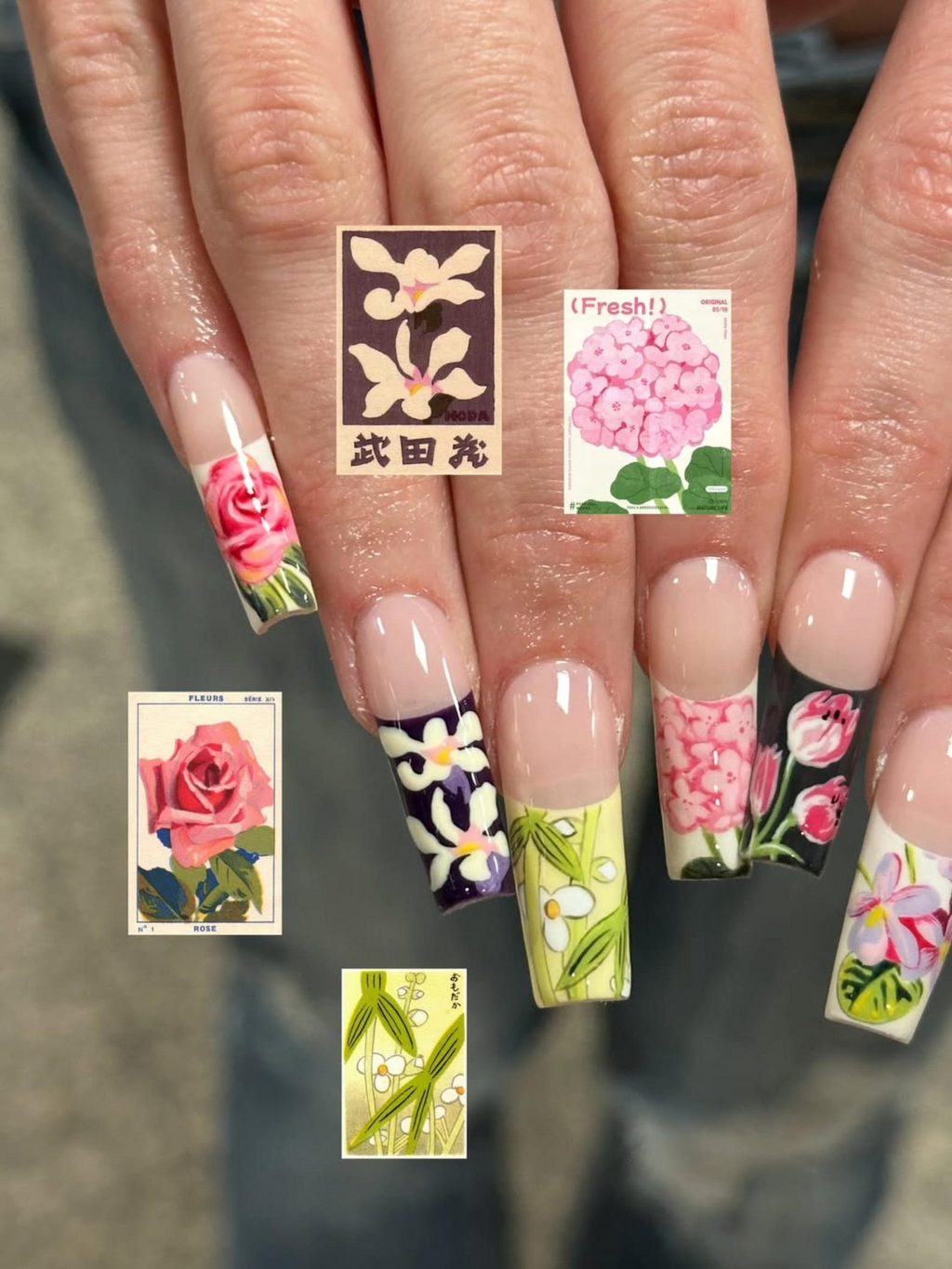 Handmade Vintage Botanical Press On Nails. Japanese Floral Garden Fake Nails. Unique Retro Flower Pattern Nails for Special Events | OB305HK
