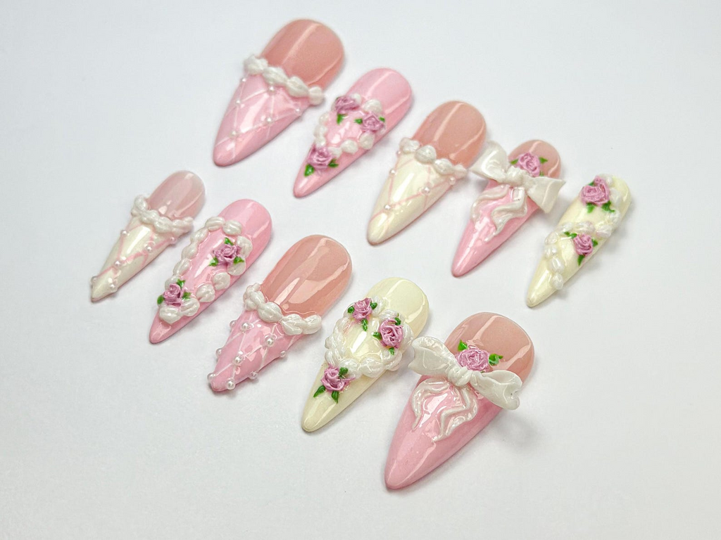 Coquette Pink Ribbon Press On Nails | 3D Blush Vintage Nail Set | Long French Ribbon Nails | Romantic Pink Press On Nails |OB760HC