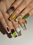 Abstract Texture Press On Nails. Mixed Media Artisan Nails with 3D Foliage. Handcrafted Gemstone and Mosaic Tile Reusable Nails. OB306HC