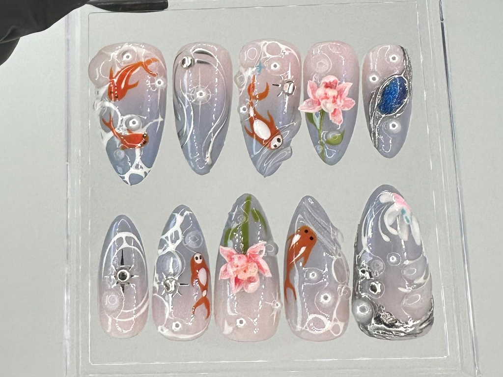 Japanese Koi Pond Long Almond Nails | Artistic Koi Fish Nail Art |Elegant Handcrafted Fake Nails | Luxurious False Nails |Koi-Themed|OB714YC