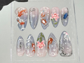 Japanese Koi Pond Long Almond Nails | Artistic Koi Fish Nail Art |Elegant Handcrafted Fake Nails | Luxurious False Nails |Koi-Themed|OB714YC