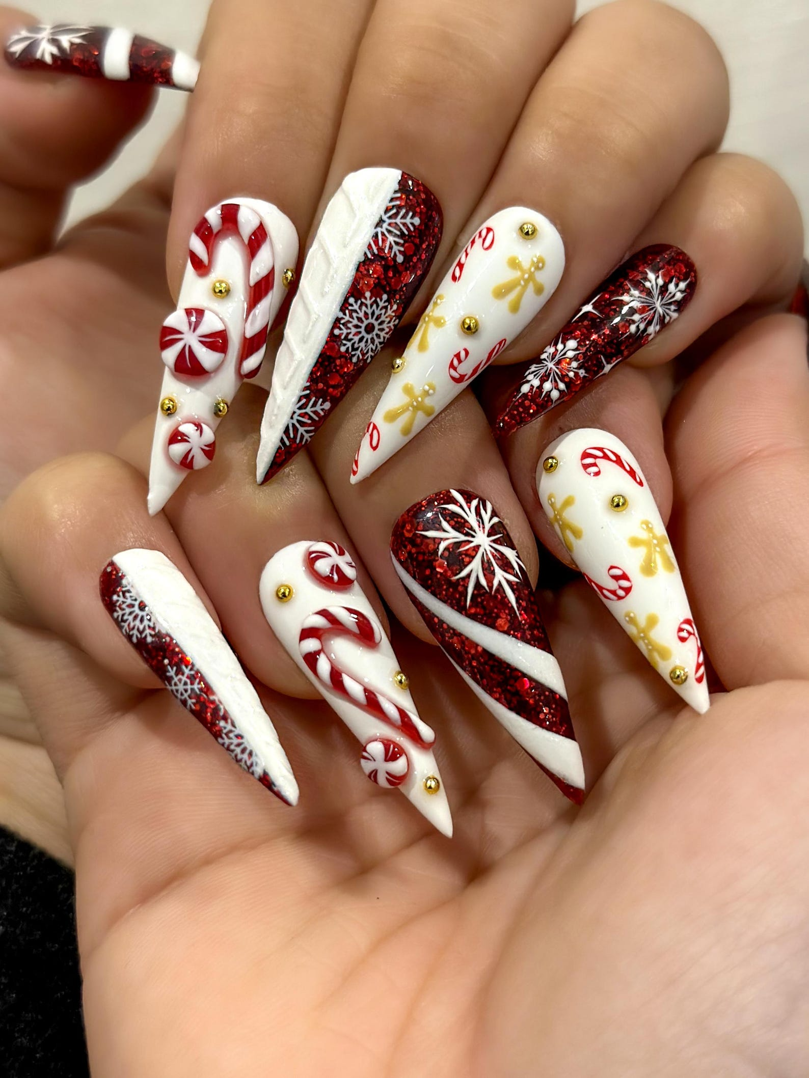 Red Glitter Christmas Press On Nails | Nails | Candy Cane Christmas Nail Art | Holiday Stiletto Nail Art | Luxury Festive Press Ons|OB1210EC