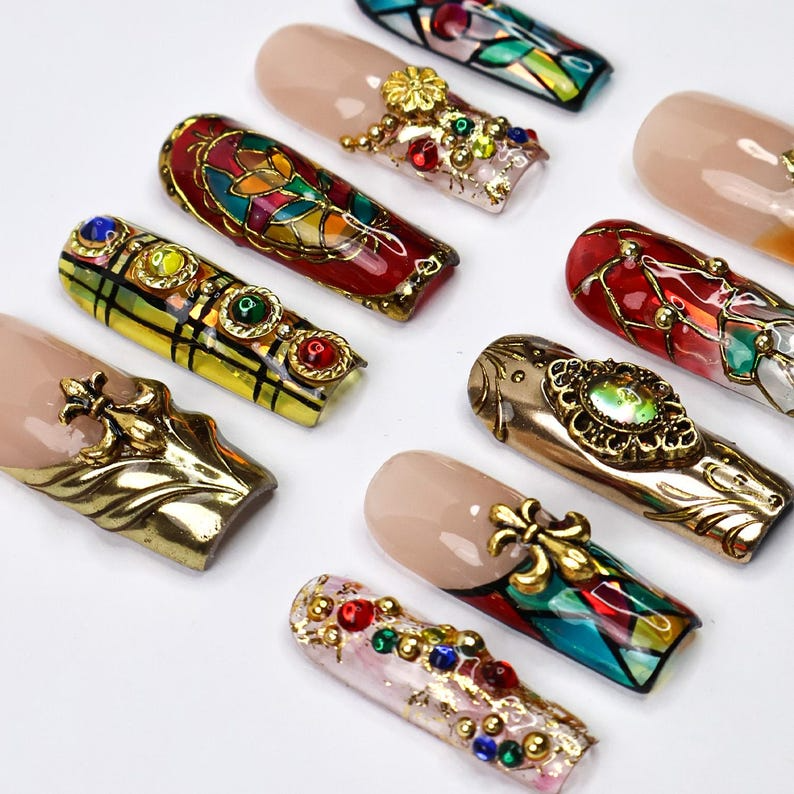 Handmade Baroque 3D Press-On Nails | Stained Glass Vitreaux Design | Long Square Gothic Fake Nails for Holiday. Vacation. Birthday | OB907L