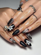 3D Monochrome Flora Nails | Reptile Print & Velvet Knit Press Ons | Luxury Gothic Minimalism Stiletto Art | OC1343IC
