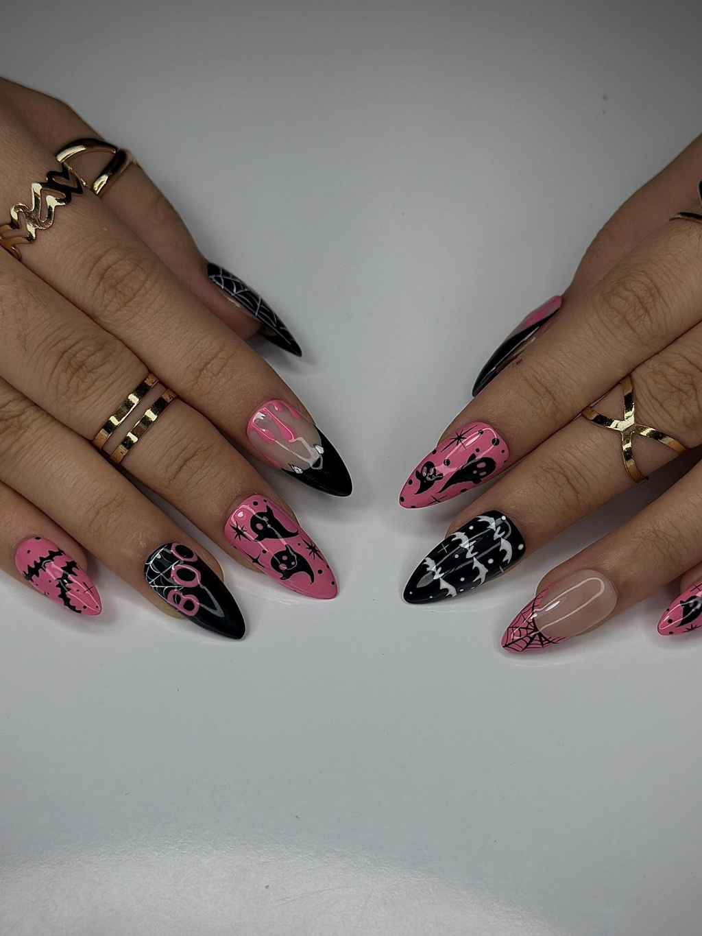 Pink Spooky Ghost Press On Nails | Cute Halloween Nail Art | Black & Pink Spiderweb Nail |Girly Gothic Press Ons |Creepy Cute Nail | OC144HC
