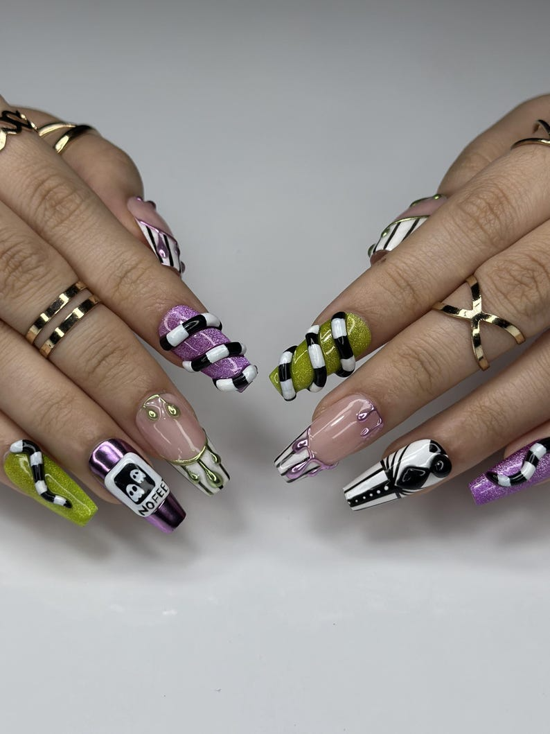Spooky Stripes Press On Nails | Beetle-Inspired Gothic Nail Art | Handmade Creepy Cute Nails | Halloween Party Nail Art OC140L