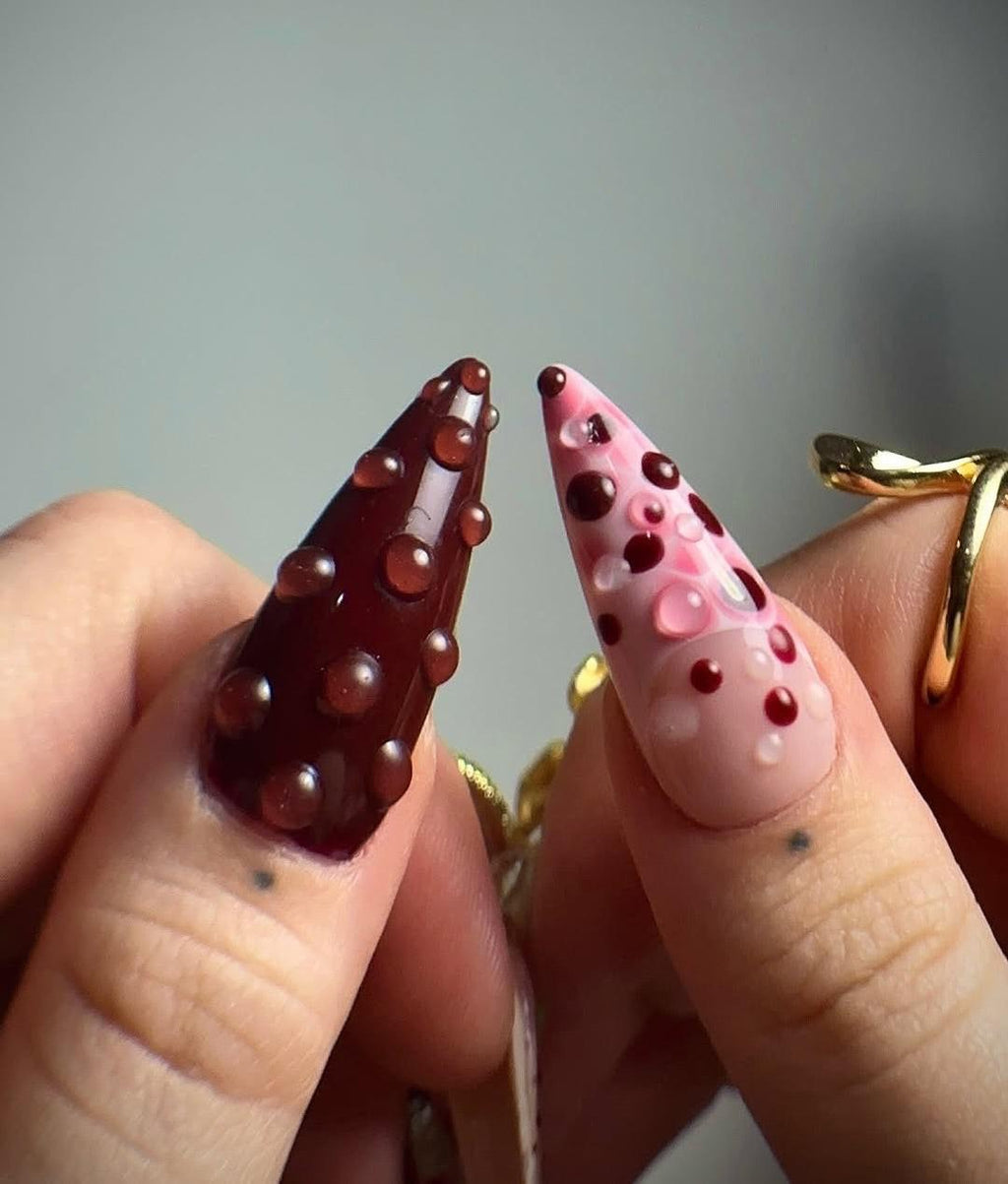 Handmade Burgundy Pink 3D Flower Star Dot Fantasy Press on Nails O18