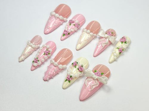 3D Rose & Lace Bridal Press-On Nails