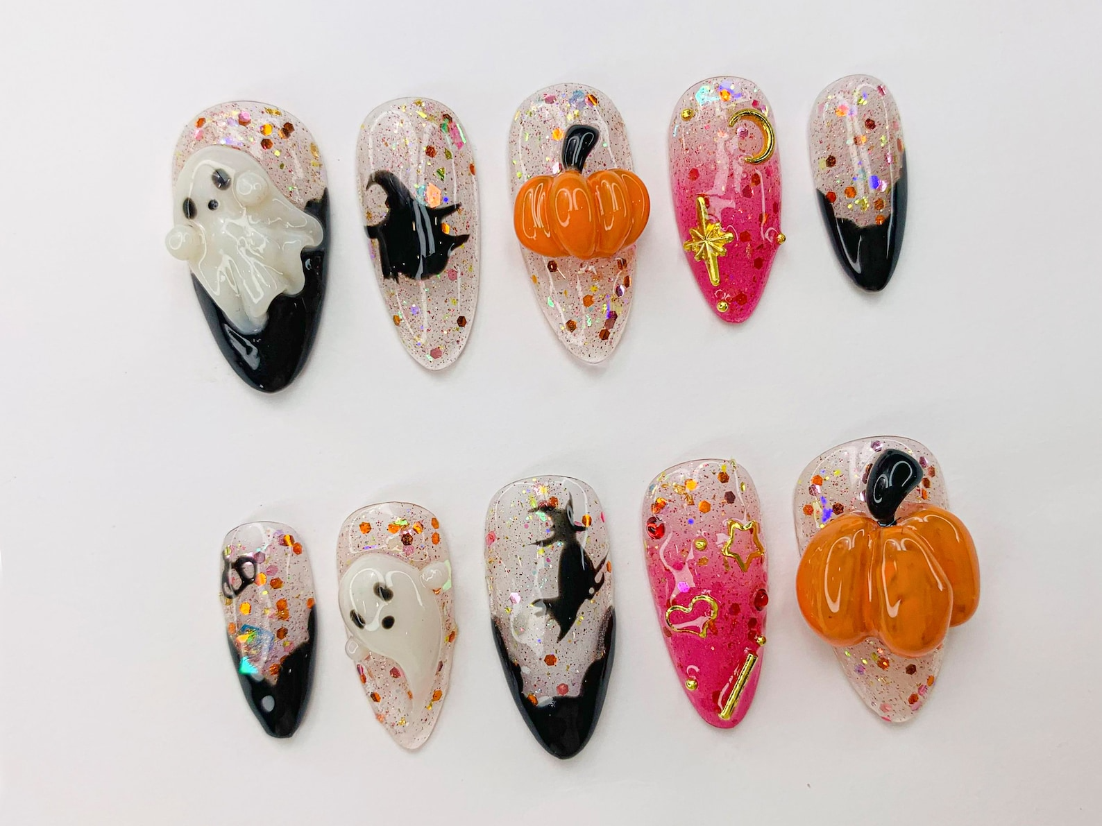 Spooky Halloween Ghost - Pumpkin Press-On Nails | 3D Nail Art for Halloween Party | Glitter Press-On Nails with Witch - Star Accents|OB486SC
