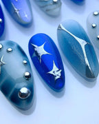 Handmade Blue Celestial Swirl Nail Art with Star Pearl Accent Press on Nails F31