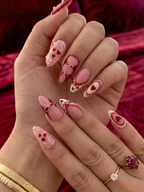 Press On Nails Adhesive Tabs – Pink Red Heart & Bow Design Long Almond Handmade Fake Nails for Valentine Gift | OB5L