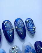 Handmade Blue Butterfly Floral Nail Art with Pearl Bow Accent Press on Nails P83