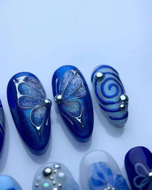 Handmade Blue Butterfly Floral Nail Art with Pearl Bow Accent Press on Nails P83