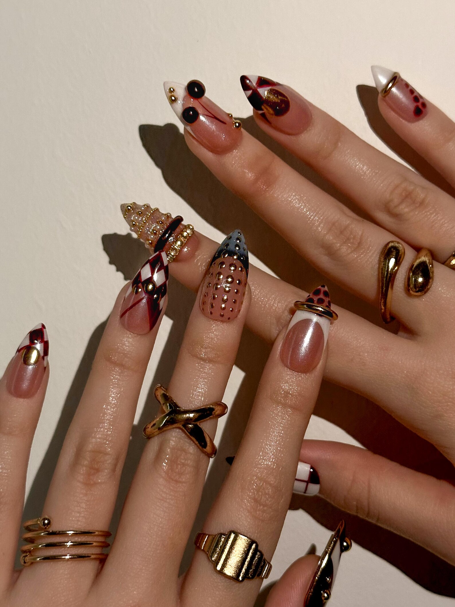 Gold Ring Luxury Press On Nails | Pearl Nude & Gold Hardware Nails | Luxury Gilded Almond Nail Art | High Fashion Jewelry Nail Set | OB296EC