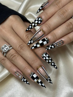 Black & White Gothic Press On Nails | Luxury Girl Stiletto Nail Art | Gold Accent Checker Nails | High Fashion Press Ons | OB1264EC