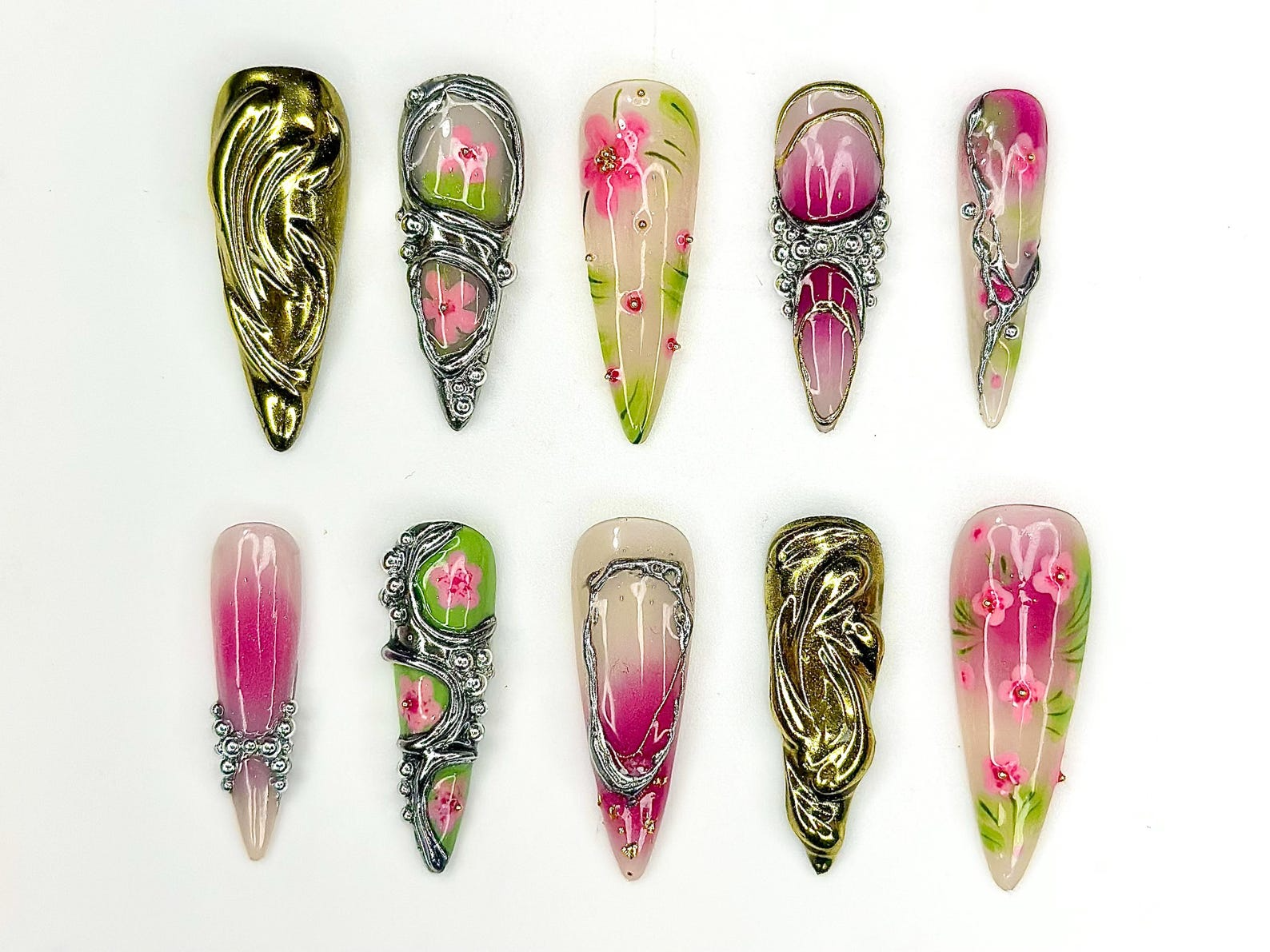 3D Luxury Floral Press On Nails | Flower Gold Chrome Nails | Handmade Statement Nail Art | Elegant Long Press Ons | HB997GK