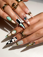 Gilded Luxury Colorful Press On Nails | Eye Art Gold Ring Nails | Handmade Nude Stiletto Nail Art | Luxury Statement Press Ons | OB302EC