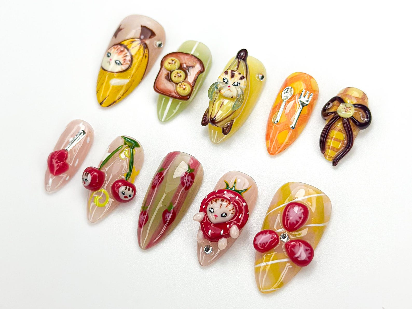 Banana Cat Press On Nails | Cute Fruit Nail Art | 3D Food Nails | Kawaii Handmade Press Ons | Quirky Character Nail Design | OB909HC