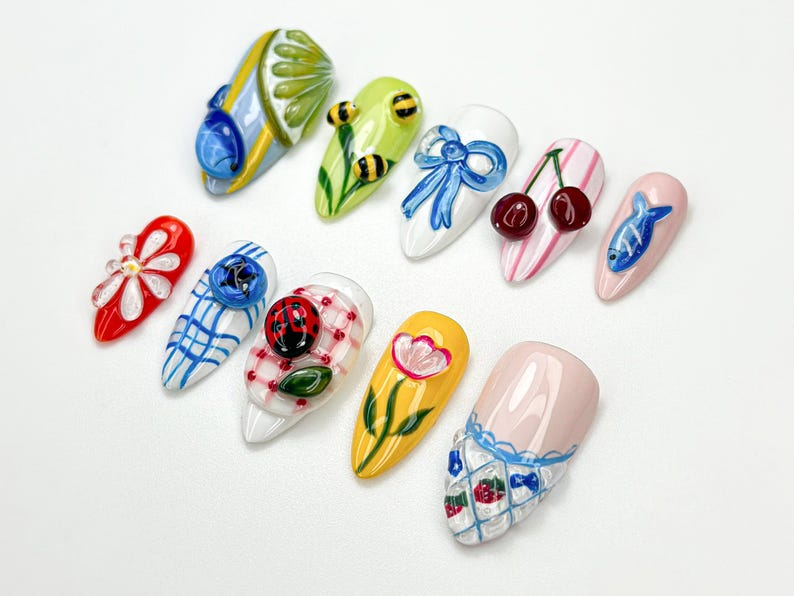 Garden Picnic Summer Press On Nails | 3D Cherry. Bee & Flower Nail Art | Summer Cottagecore Nails | Cute Colorful Press Ons | OB896HC