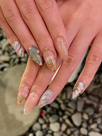 Vintage Tulip Press On Nails. Sage Green and Pink Marble Nails with Gold Rose Frame. Elegant Floral Hand-Painted Custom Nails. OB307HK