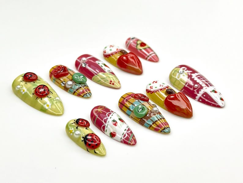 Ladybug. Strawberry Press On Nails | Vintage Strawberry Nail Art |3D Fruit & Plaid Design Nails |Summer Fruit Press Ons |Cute Nails |OB835YK