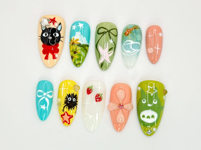 Studio Ghibli-Inspired Nail Art | Totoro and Kiki Nail Art | Kawaii Anime 3D Design | Whimsical Anime & Nature Nail Art | OB543HK