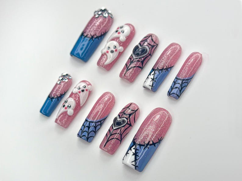 Gothic Ghost Web Press On Nails | Spooky Sparkle Pink Nails | 3D Ghosts & Rhinestone Accents | Halloween Web Nail Art | OB1065EK