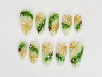 Luxury Christmas Press On Nails | Gold Snowflakes And Pine Accents Fake Nails | Festive Holiday Nail Polish | Seasonal Nail Art | OC650YC