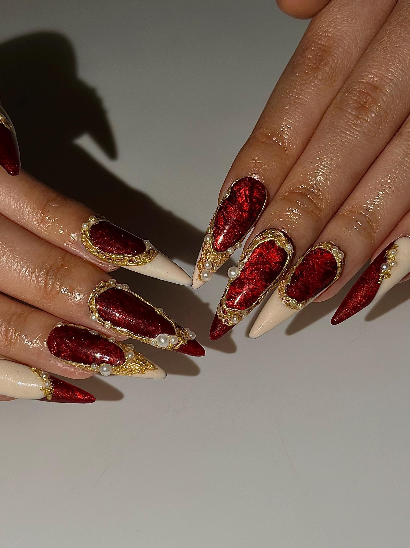 Red Chrome Luxury Press On Nails | Gold Frame Pearl Nail Art | Elegant Burgundy Stiletto Nails | Baroque Glam Nail Design | OC1305HC