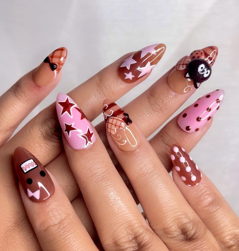 Chocolat Bear Cute Press On Nails | Kawaii Cartoon & 3D Cat Nails | Pink Brown Retro Nail Art | Handmade Fun Press Ons | OB221EC