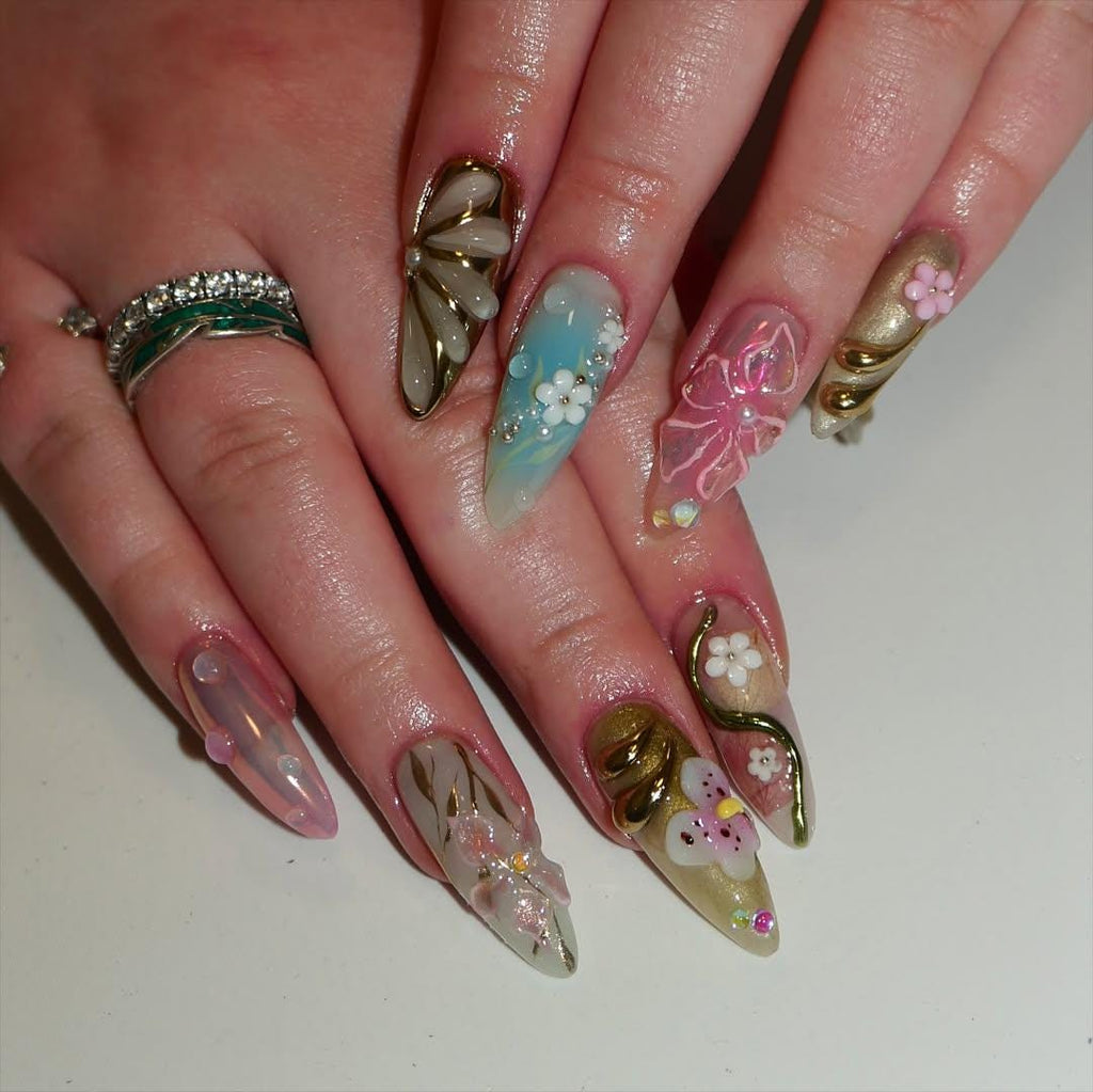 3D Floral Fantasy Press-On Nails with Enchanted Charm.