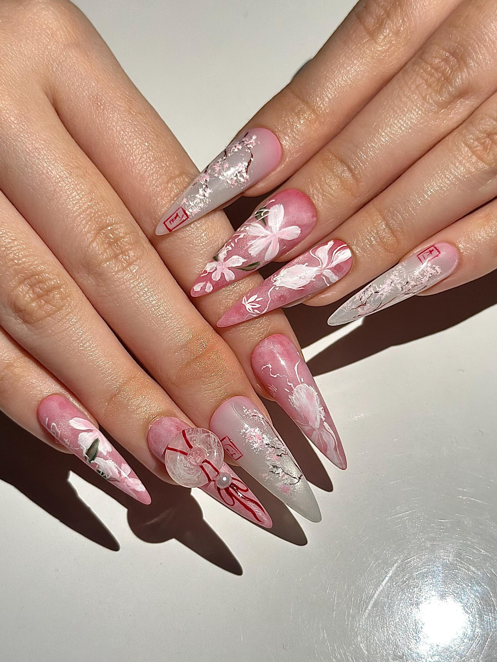 Pink Blossom Press On Nails | Pink Jelly Floral Nails | Asian Flower Nails | Romantic Spring Nails | Handmade Stiletto Press Ons | OB312HC