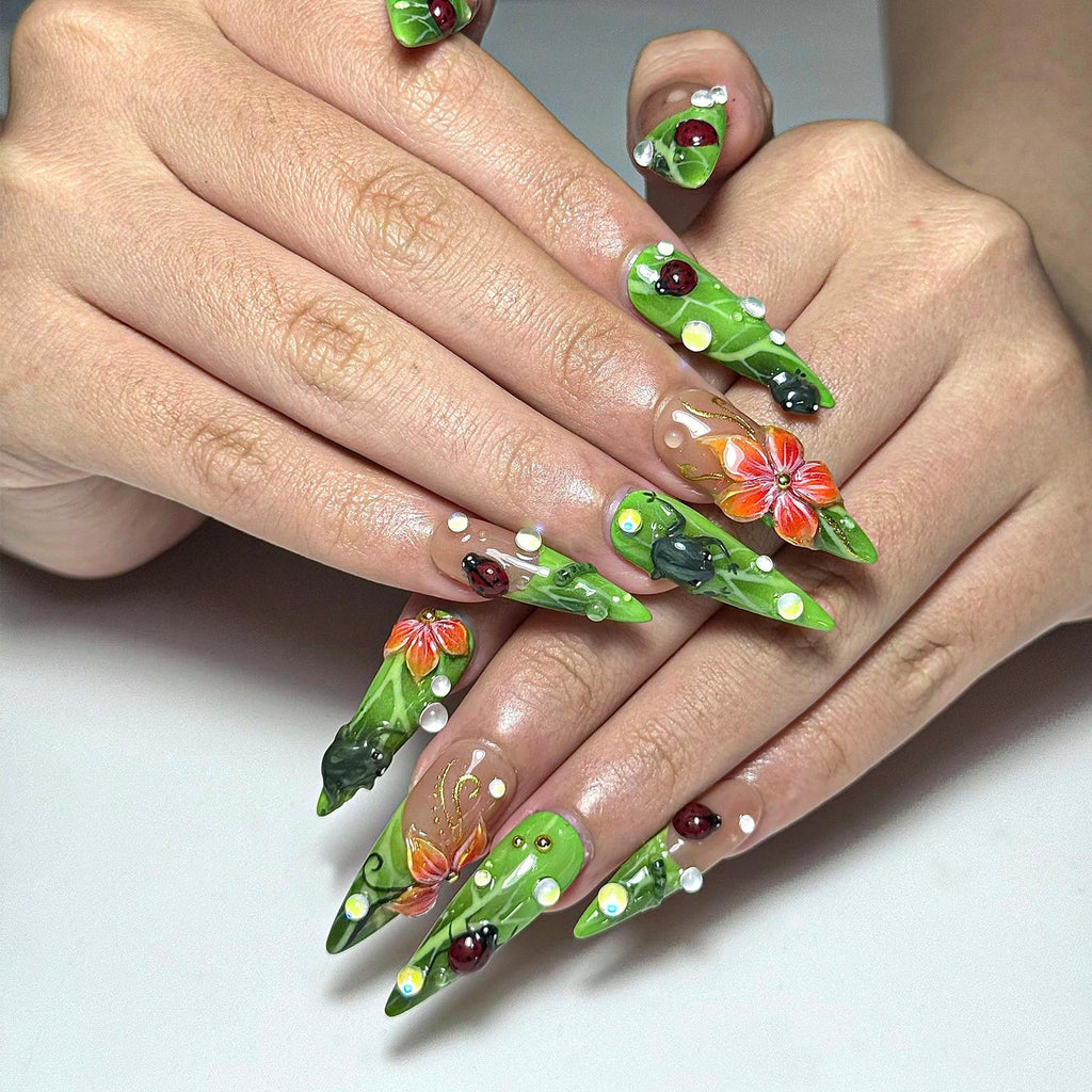 Green Floral Press On Nails with Ladybug and Pearl | 3D Nature Nails in Long Almond | Handmade Spring Nails for Wedding. Vacation | OB330N