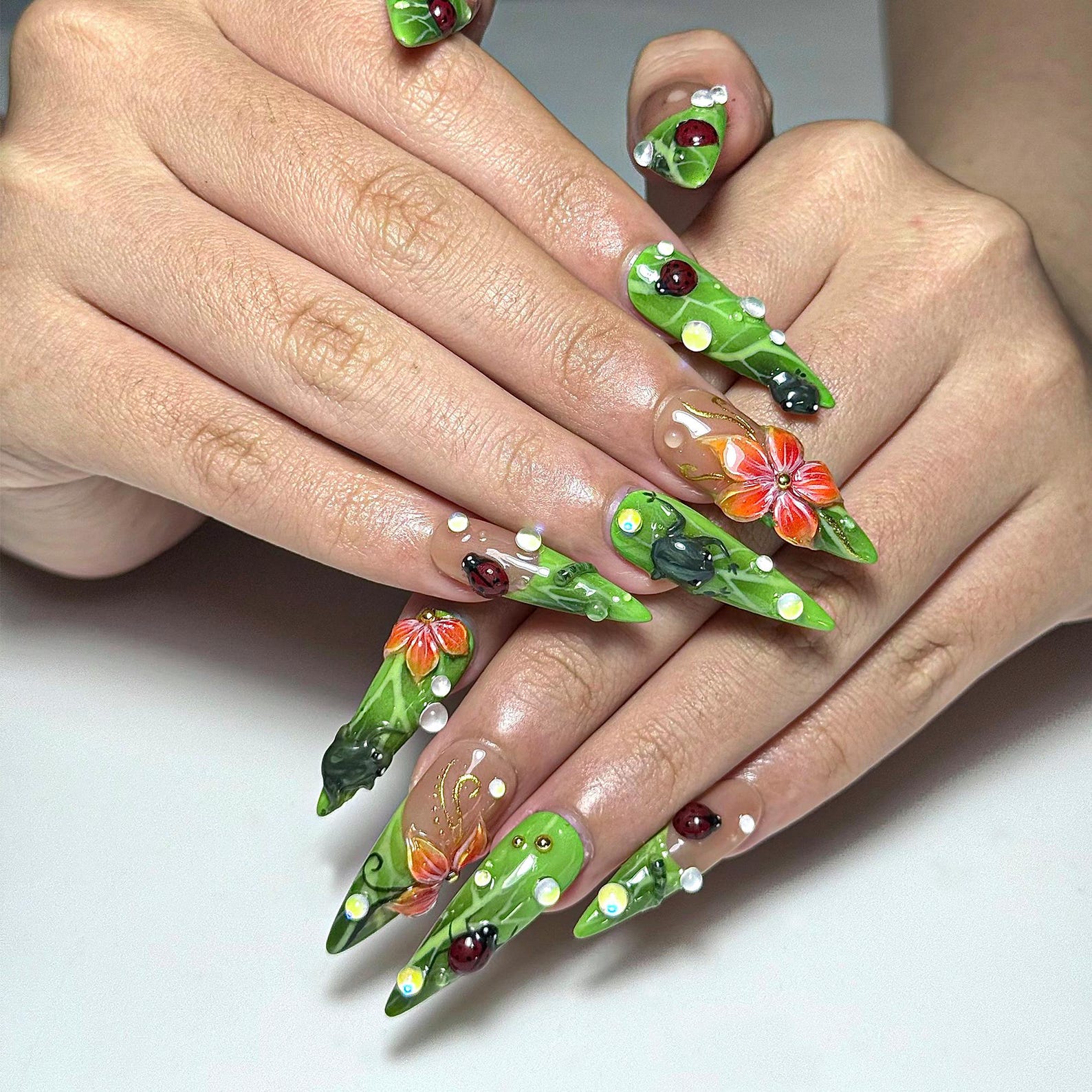 Green Floral Press On Nails with Ladybug and Pearl | 3D Nature Nails in Long Almond | Handmade Spring Nails for Wedding. Vacation | OB330N