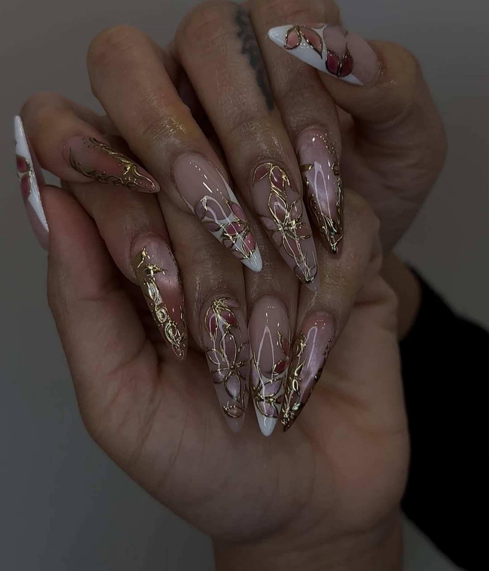 Elegant Pink Press On Nails | Blush Floral Nail Art | 3D Gold Vine Nails | Romantic Wedding Nails | Handmade Luxury Press Ons| OC842H