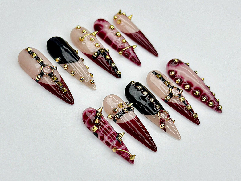 Handmade Gothic Press On Nails | Spiked. Studded Red & Black Nails | Punk Rock Statement Nail Art | OC968EP