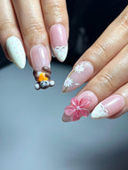 Soft Pink Mokey Press On Nails | Cute Bow & Daisy Nail Art | Kawaii Nails | Elegant Spring Nail Design| Handmade Romantic Press Ons| OC329HC