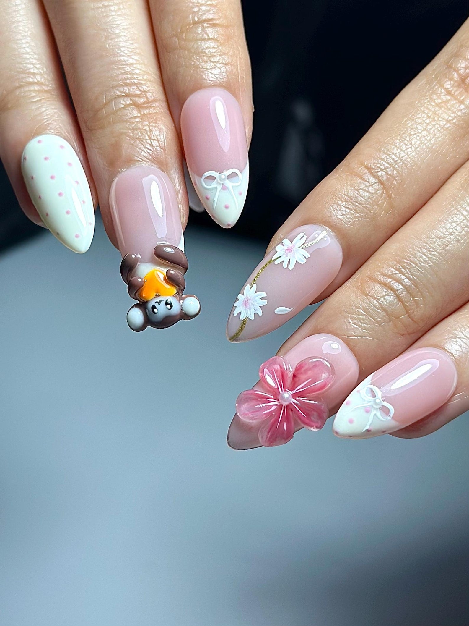 Soft Pink Mokey Press On Nails | Cute Bow & Daisy Nail Art | Kawaii Nails | Elegant Spring Nail Design| Handmade Romantic Press Ons| OC329HC