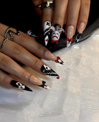 Harlequin Joker Halloween Press On Nails | Black White Red Gothic Nail Art | 3D Clown Accent Stiletto Nails | Playing Card Inspired |OB194EC