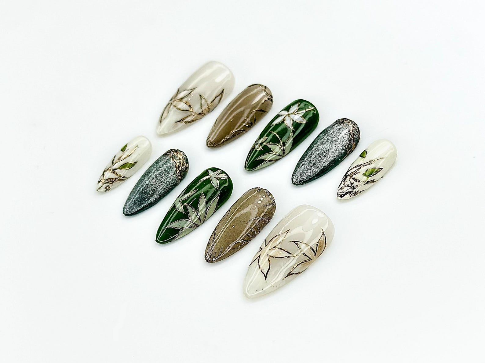 Jade Garden Serenity Press On Nails | Chinese Ink Painting Style | Lotus Bloom & Jade Charm Nails | Elegant Floral Nail Art | OC105EK
