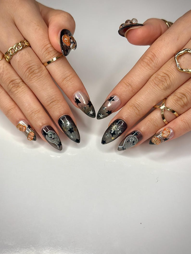 Pumpkin Gothic Press On Nails | Halloween Black & Orange Nails | Handmade Spooky Nail Design | Unique Gothic Pumpkin Nails | OB151HC