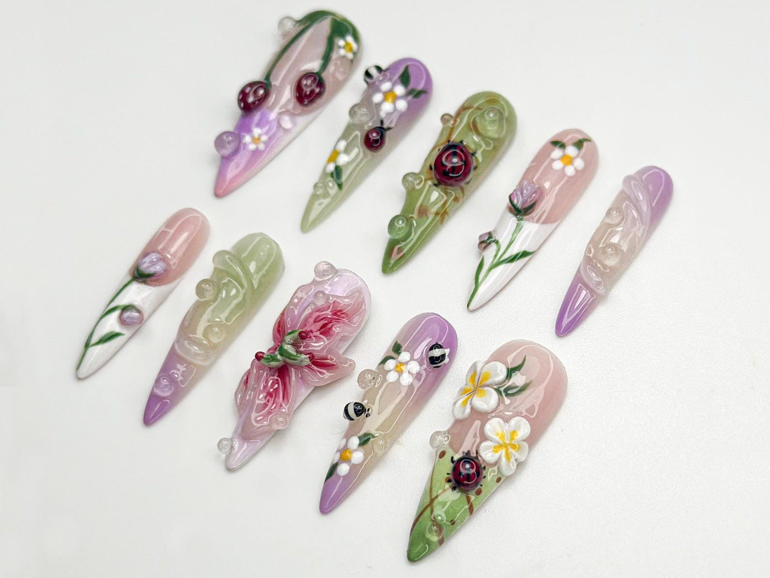 Pastel 3D Ladybug Press On Nails | 3D Floral Garden Nail Art | Cute Spring Nature Nails | Whimsical Bug Nail | Garden Bloom Design | OB800HC