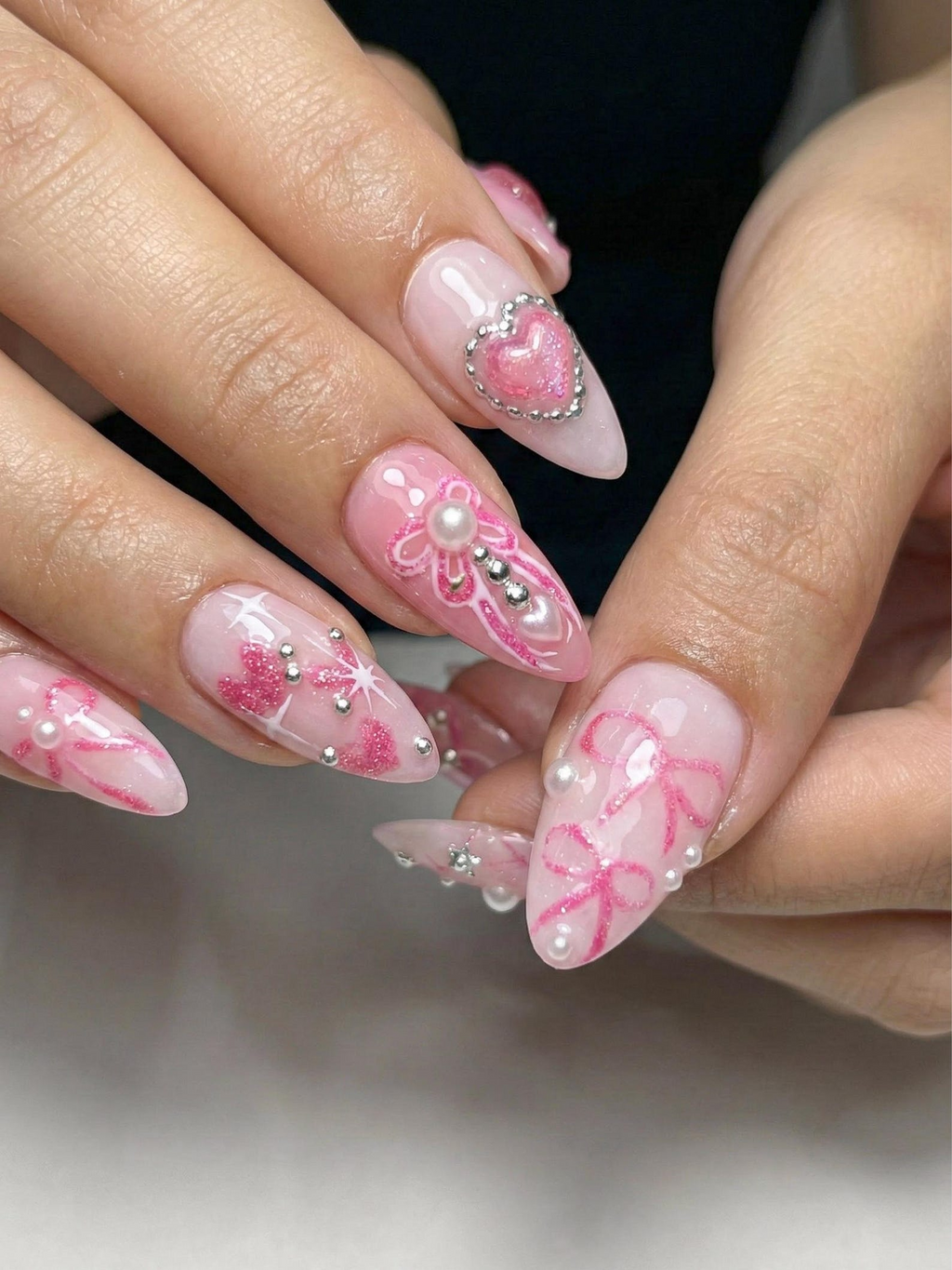 Press On Nails with Pink Ribbon & Heart Charm Design. Handmade Long Glossy Fake Nails for Romantic Coquette Look or Aesthetic Statement Nails | OB279