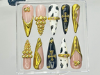 Black & Gold Luxury Press On Nails | Bold Cow Print Fake Nails | Golden Gothic Nail Art | Glam Cow Print. Cross Design Press Ons | OB919YK