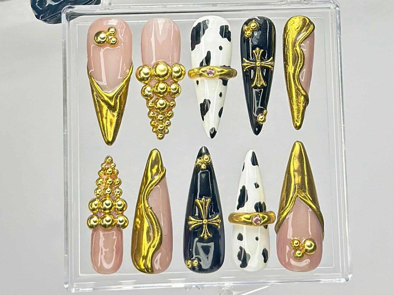 Black & Gold Luxury Press On Nails | Bold Cow Print Fake Nails | Golden Gothic Nail Art | Glam Cow Print. Cross Design Press Ons | OB919YK