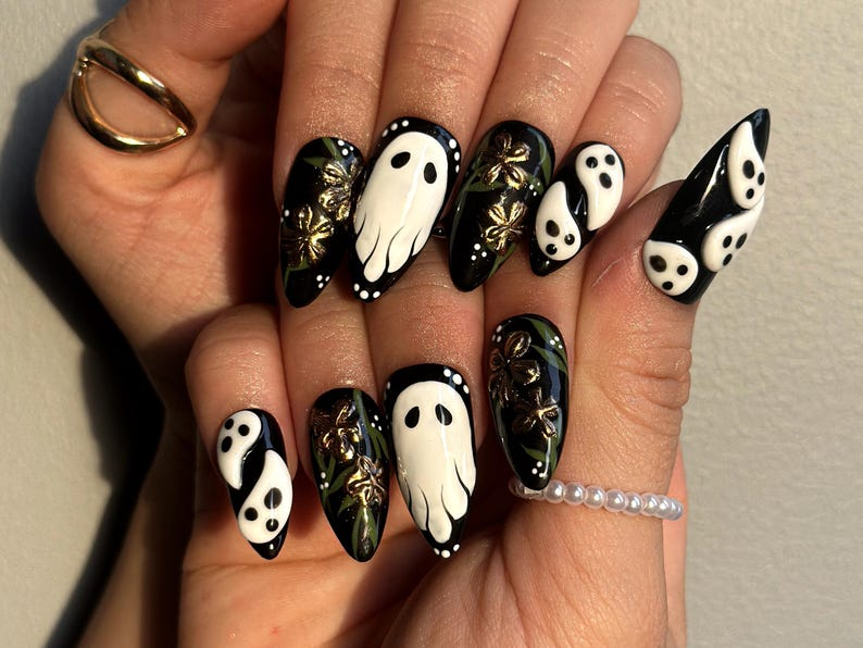 Midnight Ghost Garden Press On Nails | 3D White Ghost Nail Art | Black & Gold Floral Halloween Set | Handmade Spooky Long Nails | OB1081EK