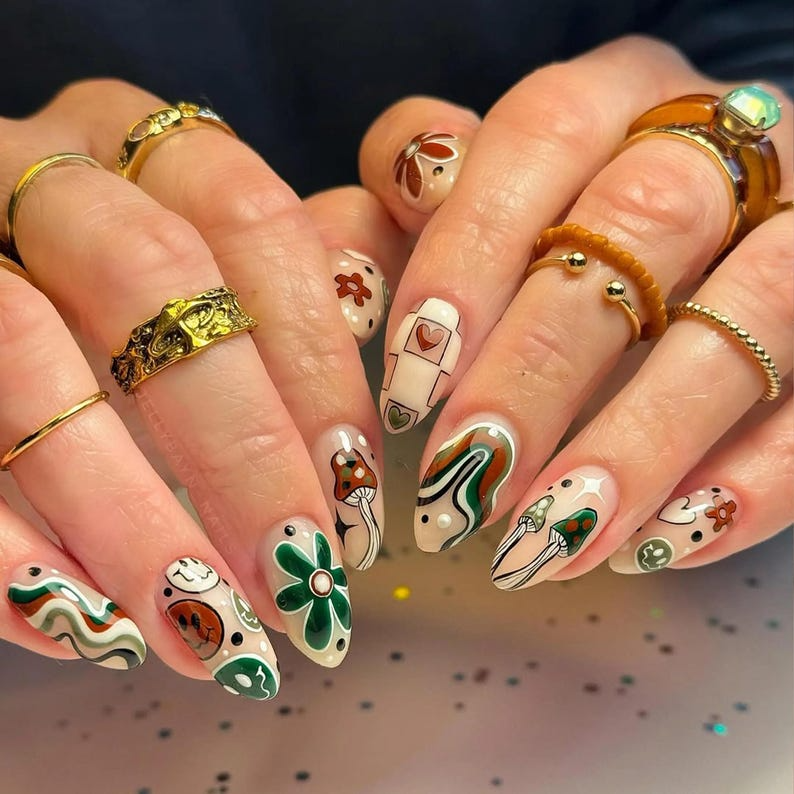 Y2K Hippie Mushroom Press On Nails | Retro Swirl Heart Flower Tips | 3D Groovy Psychedelic Nail Art | Peace Sign Pop Art Nails | OB825H