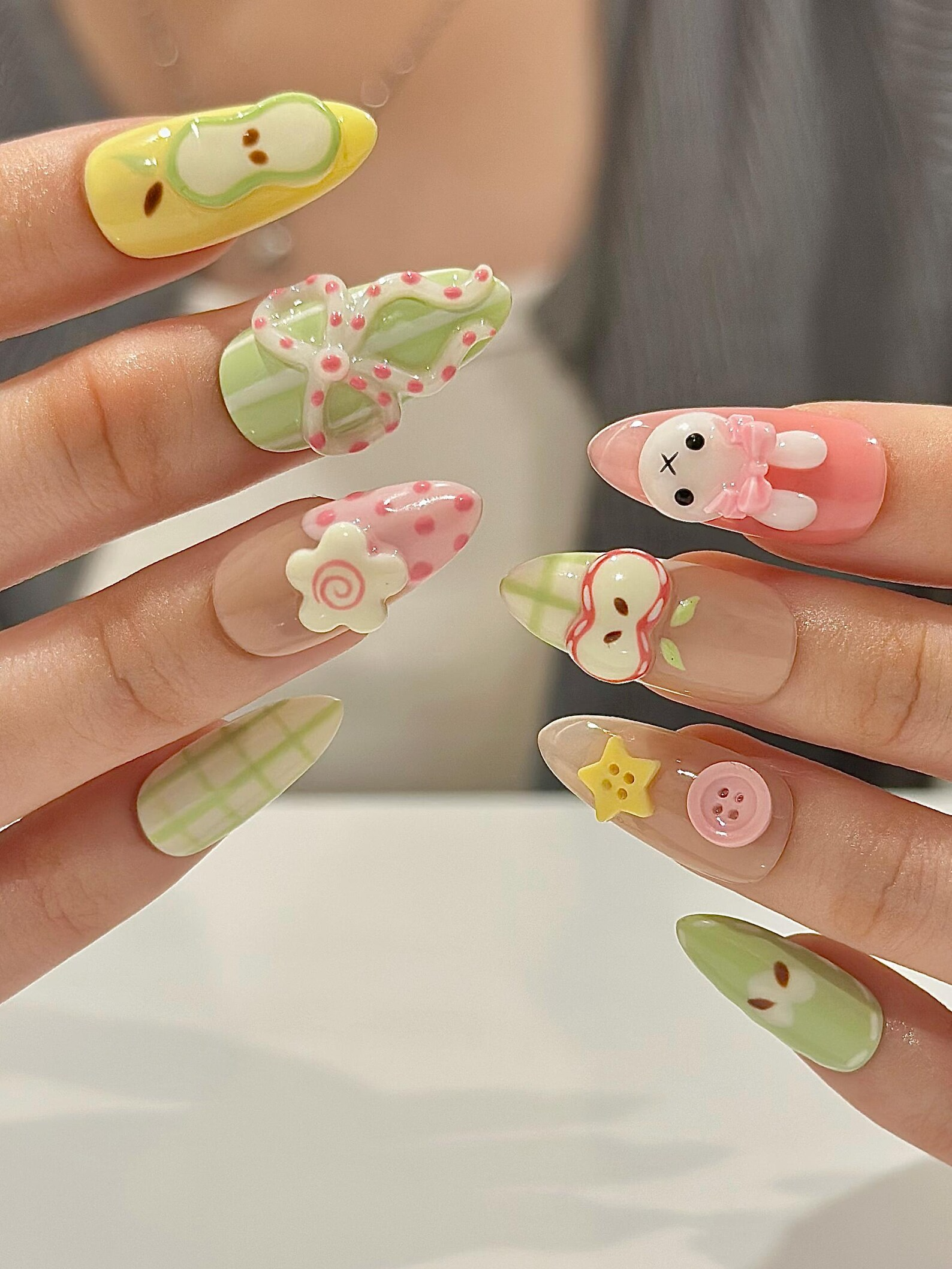 Kawaii Bunny Easter Press On Nails. Pastel Green and Pink Plaid Nails. Colorful Pastel Gingham Fake Nails For Cute Lover. OB1291H